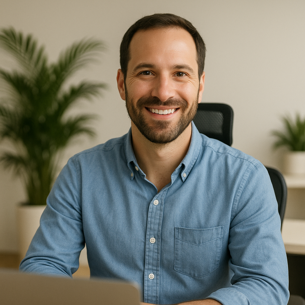 Retrato de João Santos, um homem com cabelo curto preto, trabalhando como assistente administrativo em um escritório acessível, sentado em uma cadeira ergonômica