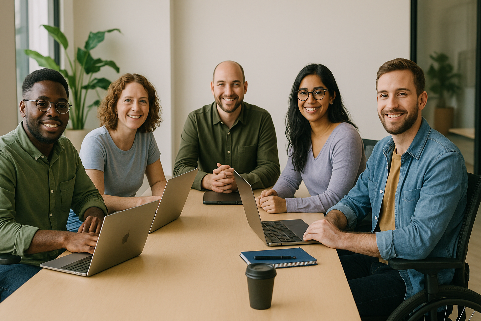 Equipe inclusiva da TechCorp, composta por cinco pessoas em uma reunião, sentadas ao redor de uma mesa em um escritório moderno e acessível